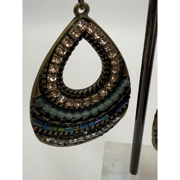 Boho Beaded Teardrop Dangle Earrings Bronze Tone Mixed Media - Picture 2 of 7